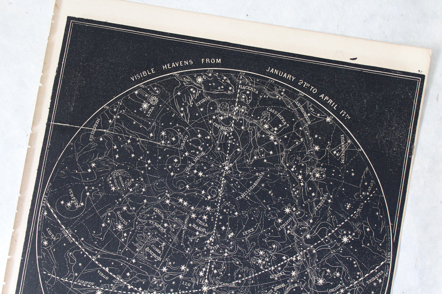 Visible Heavens Map January to April - 1866 Astronomy Engraving