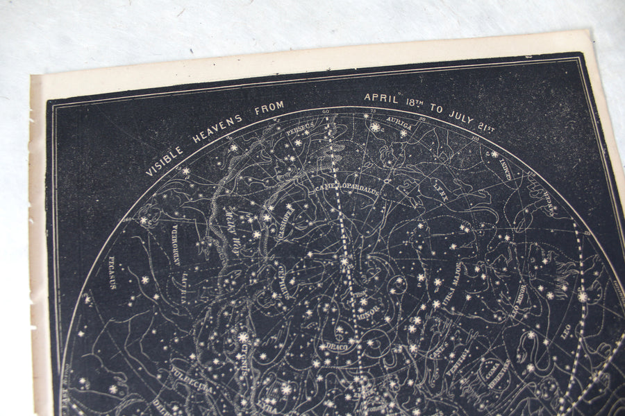 Visible Heavens Map April to July - 1866 Astronomy Engraving