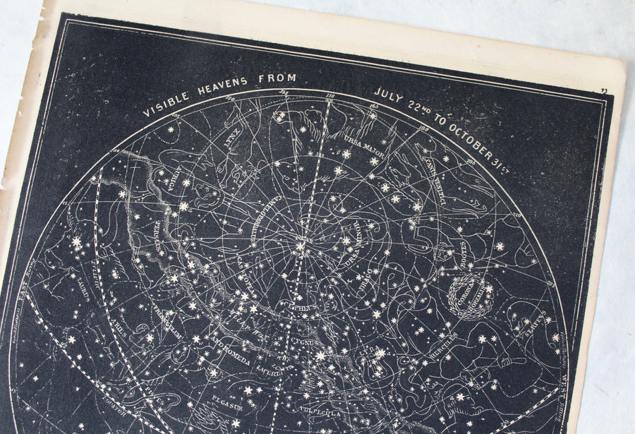 Visible Heavens Map July to October - 1866 Astronomy Engraving