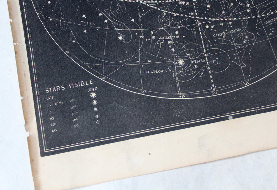 Visible Heavens Map July to October - 1866 Astronomy Engraving